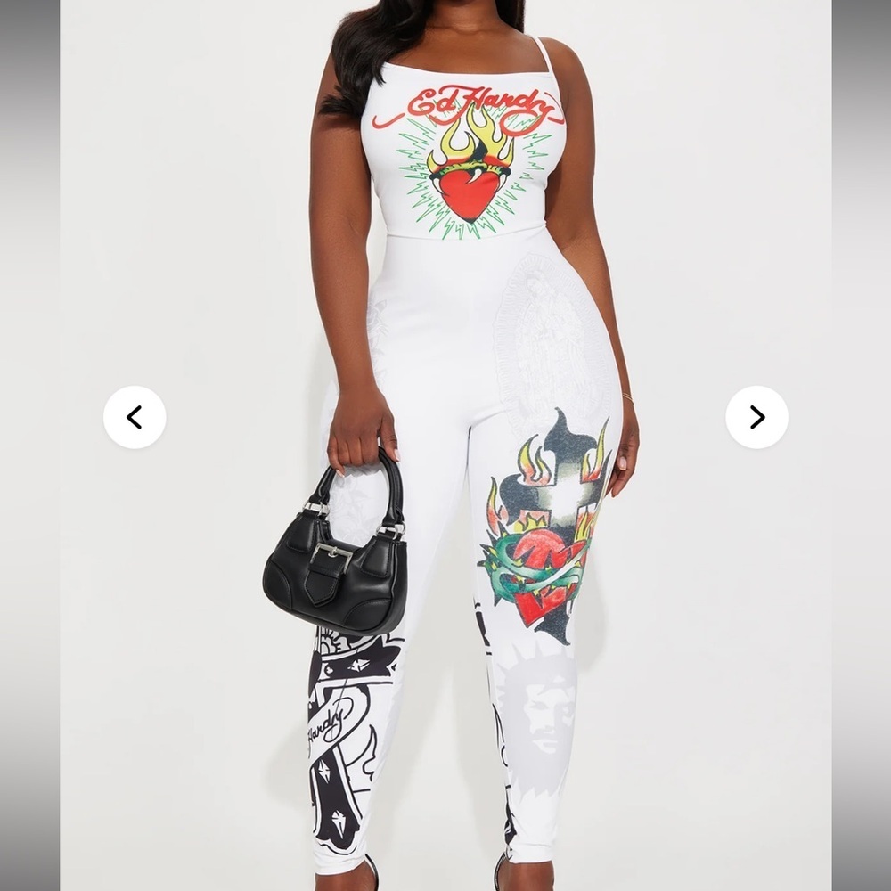ED HARDY 2x NWT sacred heart graphic covered jumpsuit skin tight white - Picture 2 of 16